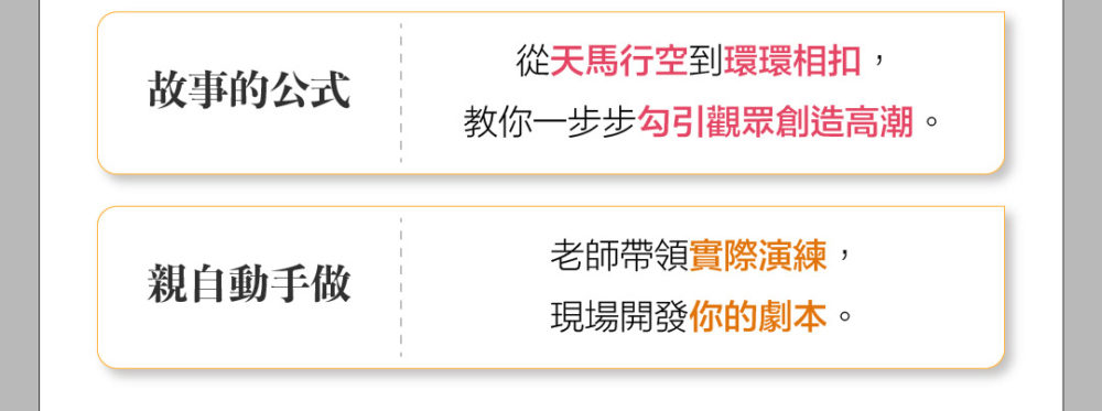 故事的公式：從天馬行空到環環相扣，教你一步步勾引觀眾創造高潮。親自動手做：老師帶領實際演練，現場開發你的劇本。