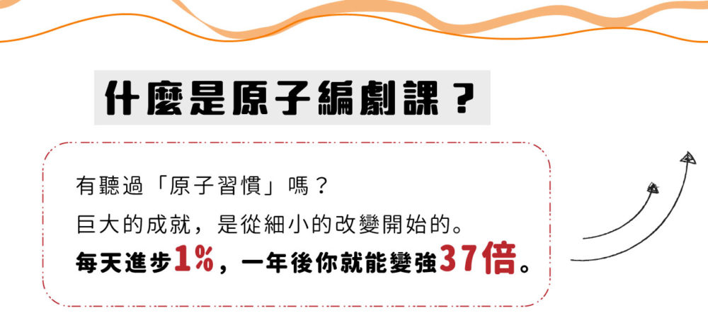 什麼是原子編劇課？ 有聽過「原子習慣」嗎？ 巨大的成就，是從細小的改變開始的。 每天進步1%，一年後你就能變強37倍。