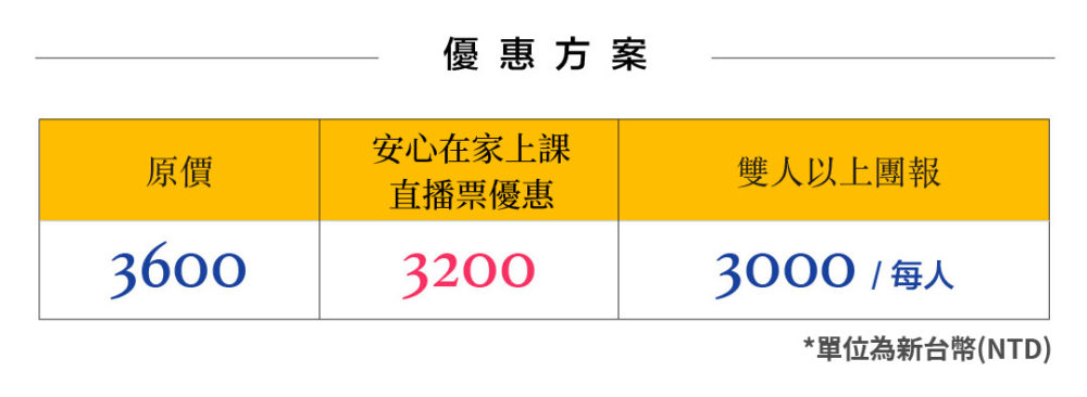 優惠方案 原價$3600 安心在家上課直播票優惠 $3200 雙人以上團報 $3000/每人