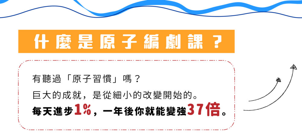 【什麼是原子編劇課？】 有聽過「原子習慣」嗎？ 巨大的成就，是從細小的改變開始的。 每天進步1%，一年後你就能變強37倍。