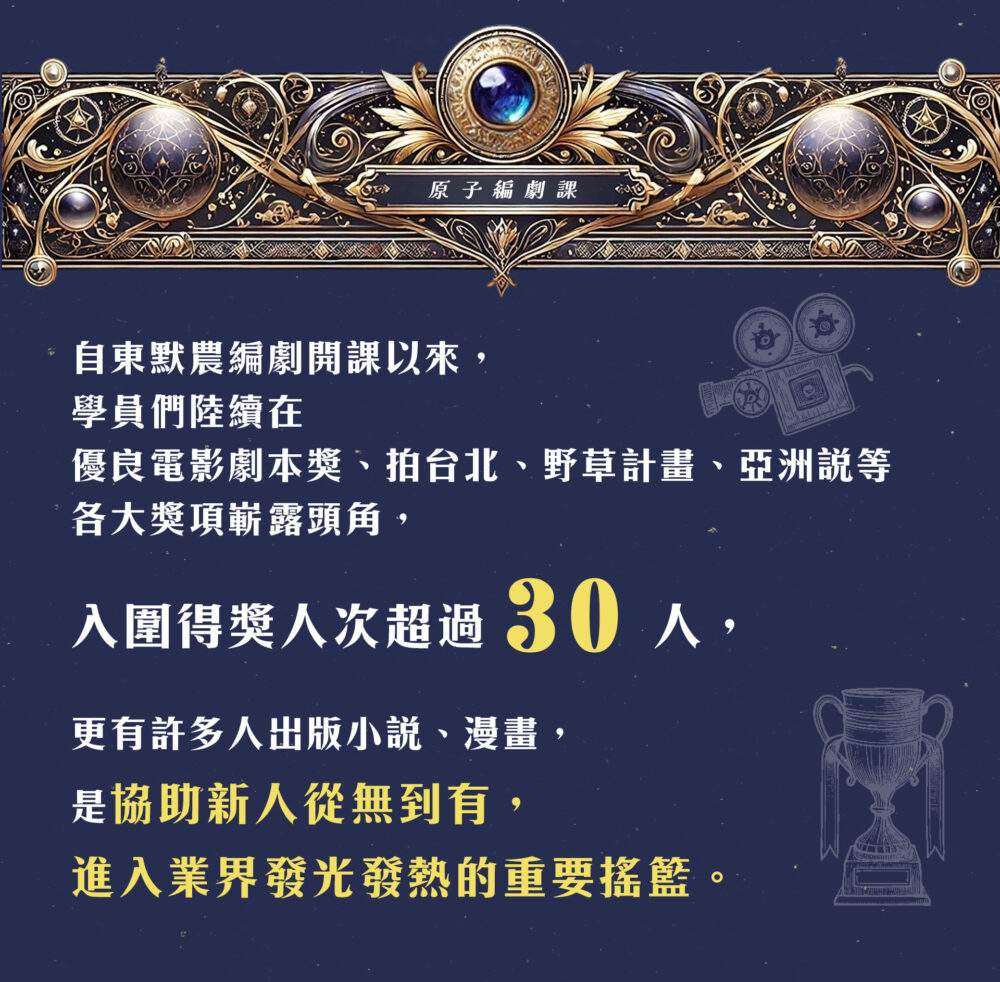 自東默農編劇開課以來，學員們陸續在優良電影劇本獎、拍台北、野草計畫、亞洲說等各大獎項嶄露頭角，入圍得獎人次超過 30 人，更有許多人出版小說、漫畫，是協助新人從無到有，進入業界發光發熱的重要搖籃。